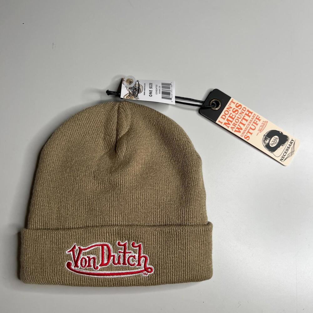 Von Dutch Beanie Knit Hat Tan Brown Embroidered Logo Cuffed Acrylic One Size NWT
